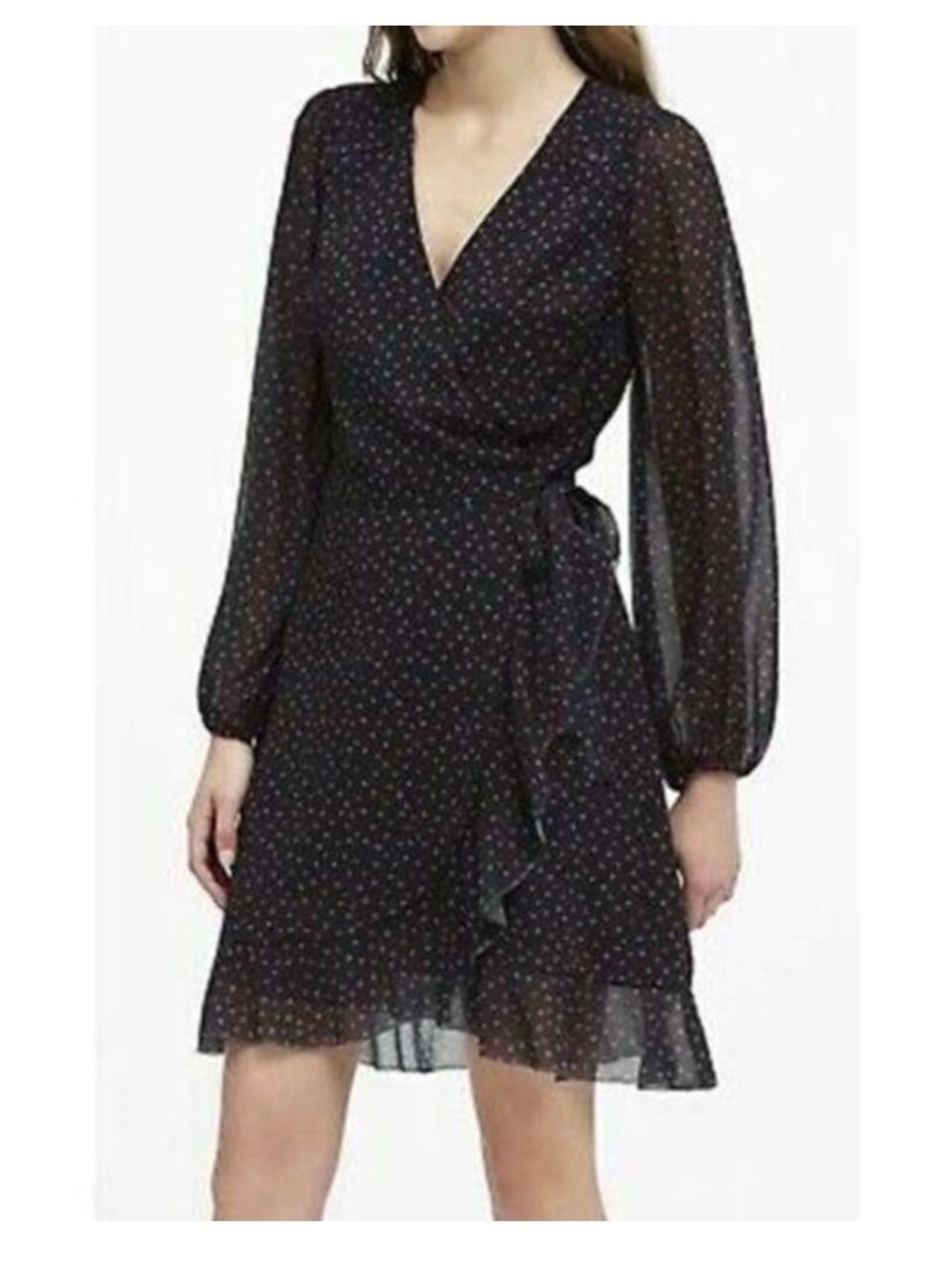 Banana Republic Black Multi Heart Print Mini Ruffle Wrap Dress. Size 6